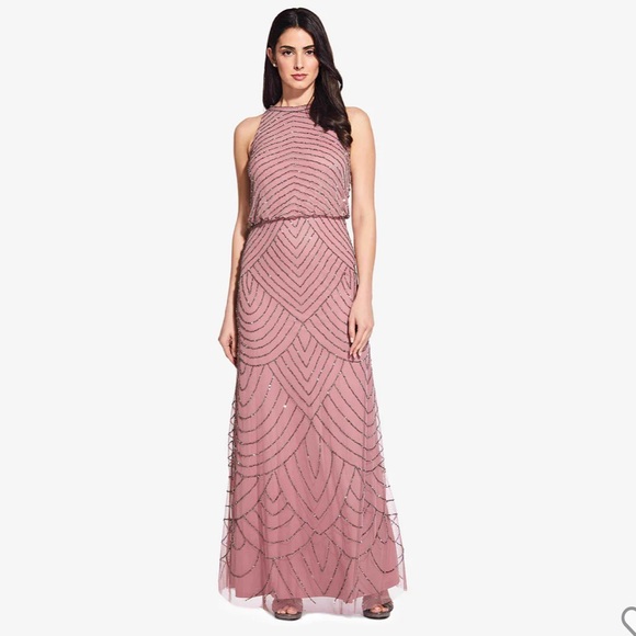 NWT Adrianna Pappell Beaded Halter Gown in Rose Mercury - Picture 1 of 10